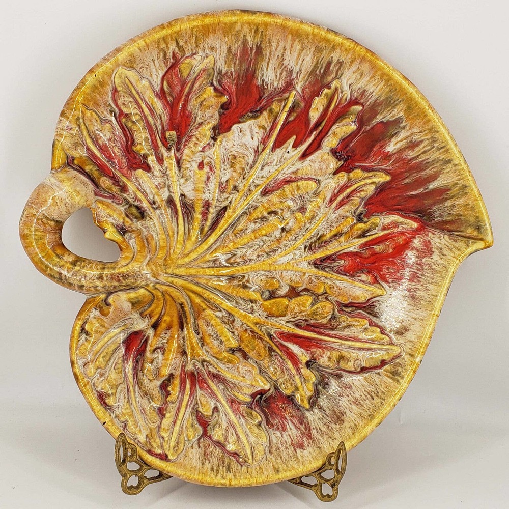 California Pottery Fall Colors Red Orange Cream Leaf Shaped footed dish bowl